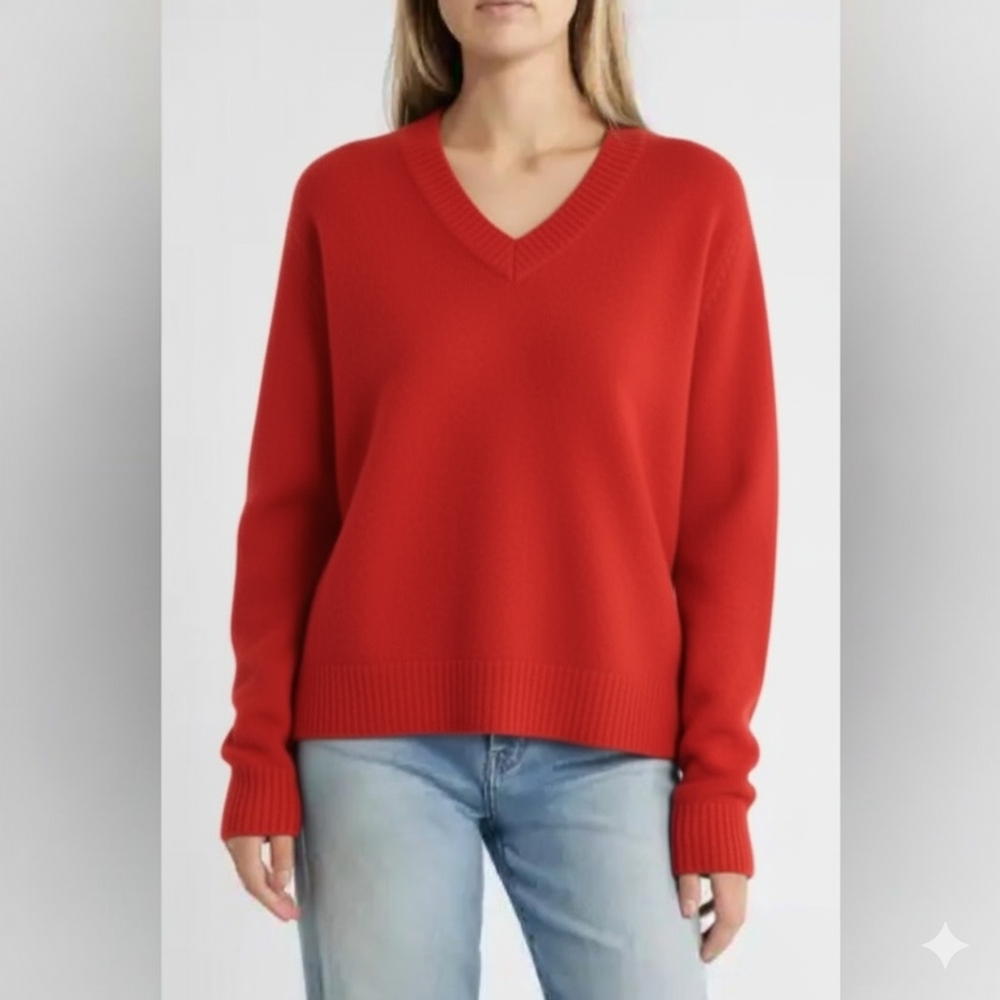 NORDSTROM Chunky V Neck Red Toreador Ribbed Cuffs Neckline Sweater Size Large